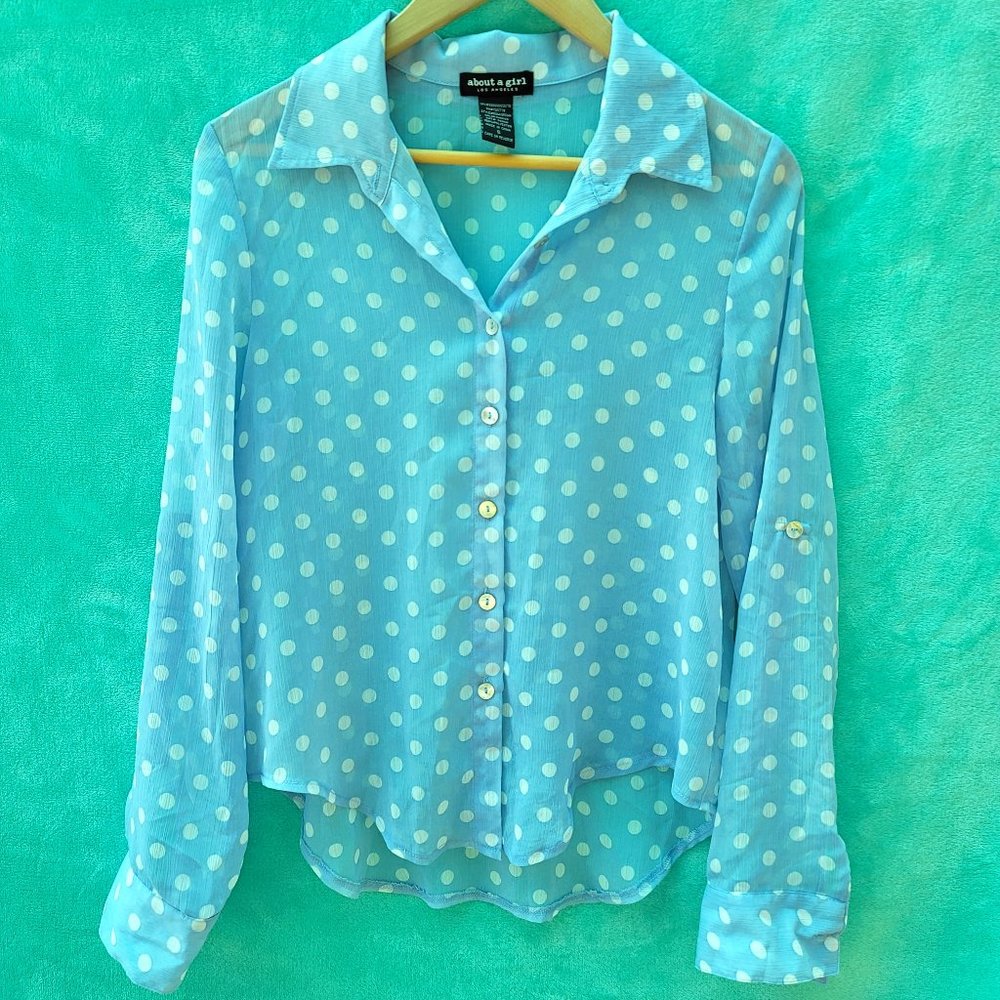 NEW retro style blue polka-dot button up top size small